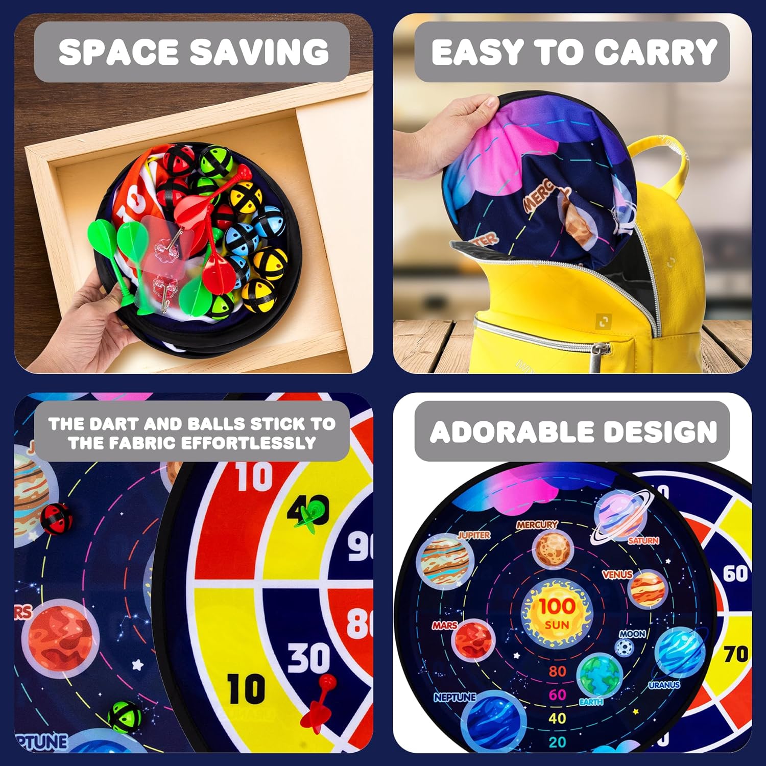 Large Reversible Dartboard for Kids - Velcro Dart Board with 12 Balls, 6 Darts, and 2 Hanging Hooks