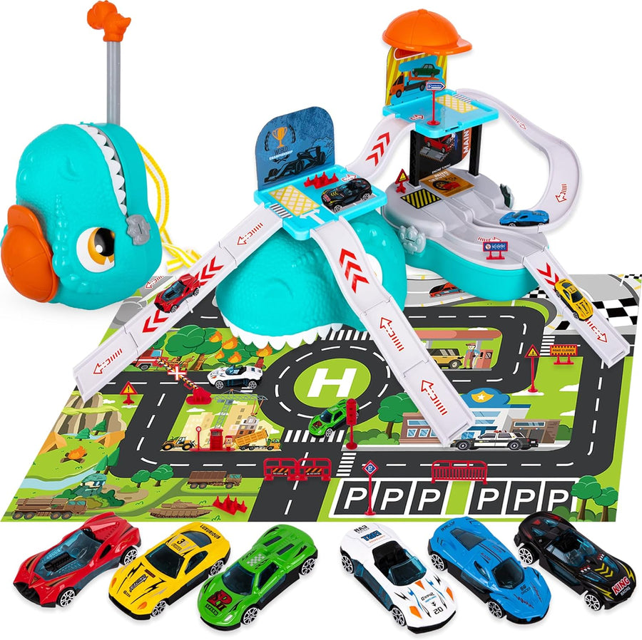 Dinosaur Race Track Set - 59 Piece Race Car Track - Includes Portable Toy Car Storage Organizer, Kids’ Play Mat, 6 Diecast Metal Cars, Traffic Signs, and More