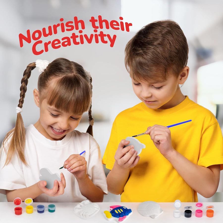 Ocean Animals Plaster Painting Kit for Kids - 6 Aquatic Plaster Figurines, 2 Paint Sets, 2 Brushes, and 6 Circle Magnets for Display - 8 Different Paint Colors - Kids Painting Set