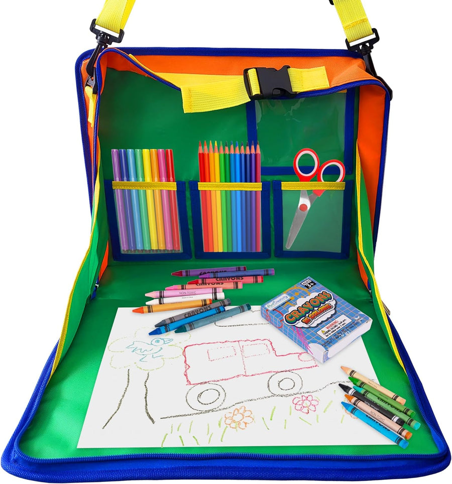 Kids Travel Tray with Crayons and Paper - Adjustable Car Seat Table Tray with 16 Crayons, 20 Paper Sheets, and 5 Clear Pockets for Storage