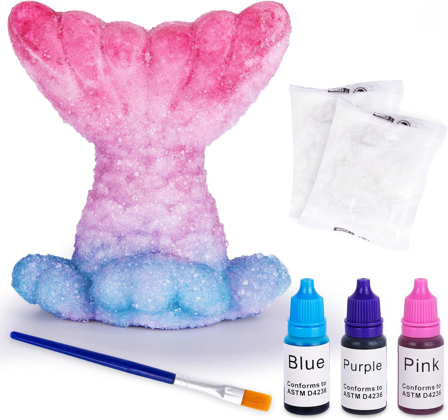 Mermaid Crystal Growing Craft Kit for Girls - Crystal Growing Craft Kit with Tail, Crystal Powder, Submerging Cup, 3 Bottles of Dye, Paintbrush, and Paint Tray