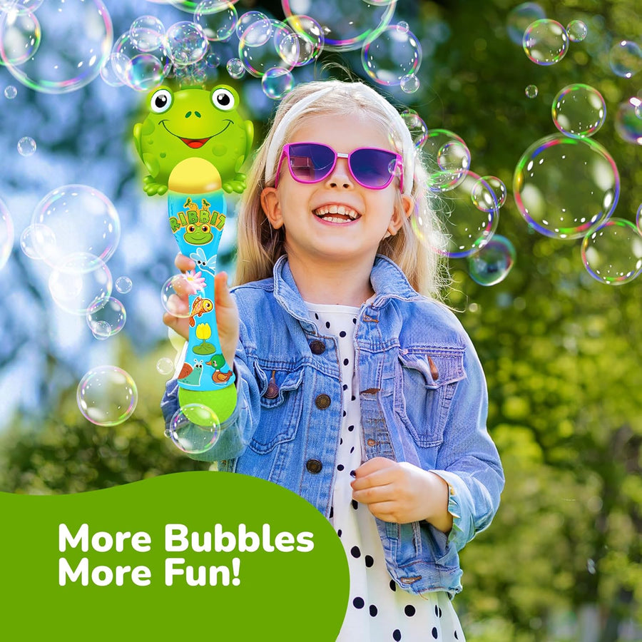 Frog Bubble Wand - Handcrafted Frog Toys with Bubbles Refill Solution, Stickers, Music & Lights - Kids Summer Outdoor Activity