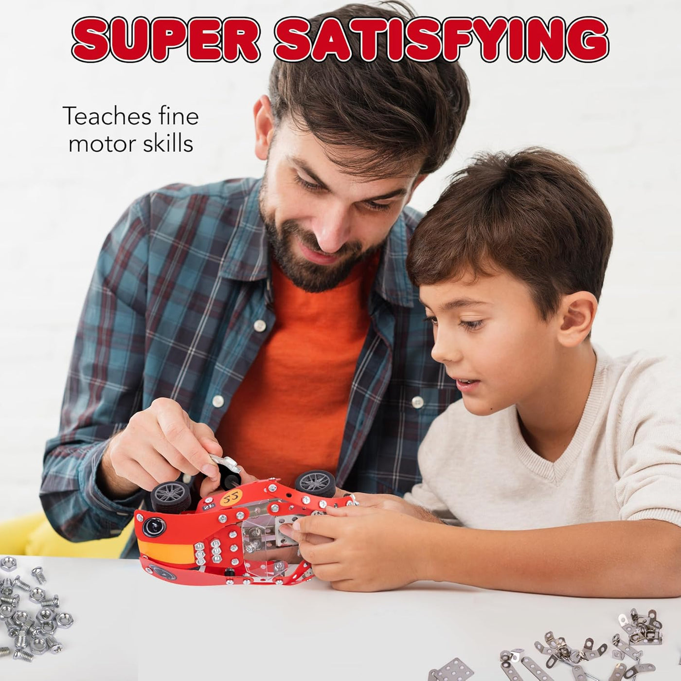 Metal Model Car Building Kit - 230 PC 3D Car Model Kit - STEM Metal Car Building Kit for Boys - Red Vintage Toy Racecar with Moving Wheels