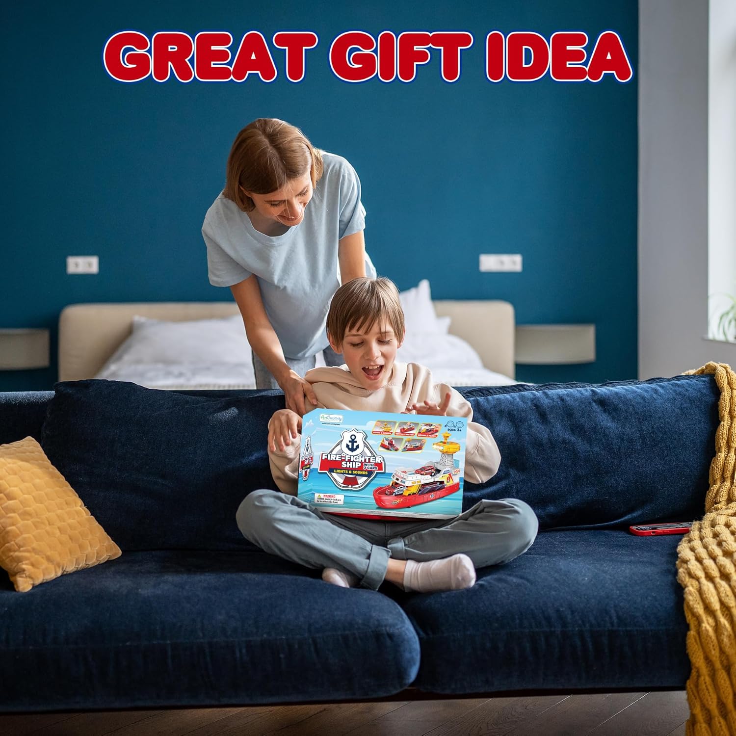 LED Ferry Boat Toy with Sounds - Colorful Coast Guard Toy Boat with Wheels & 3 Alloy Metal Cars