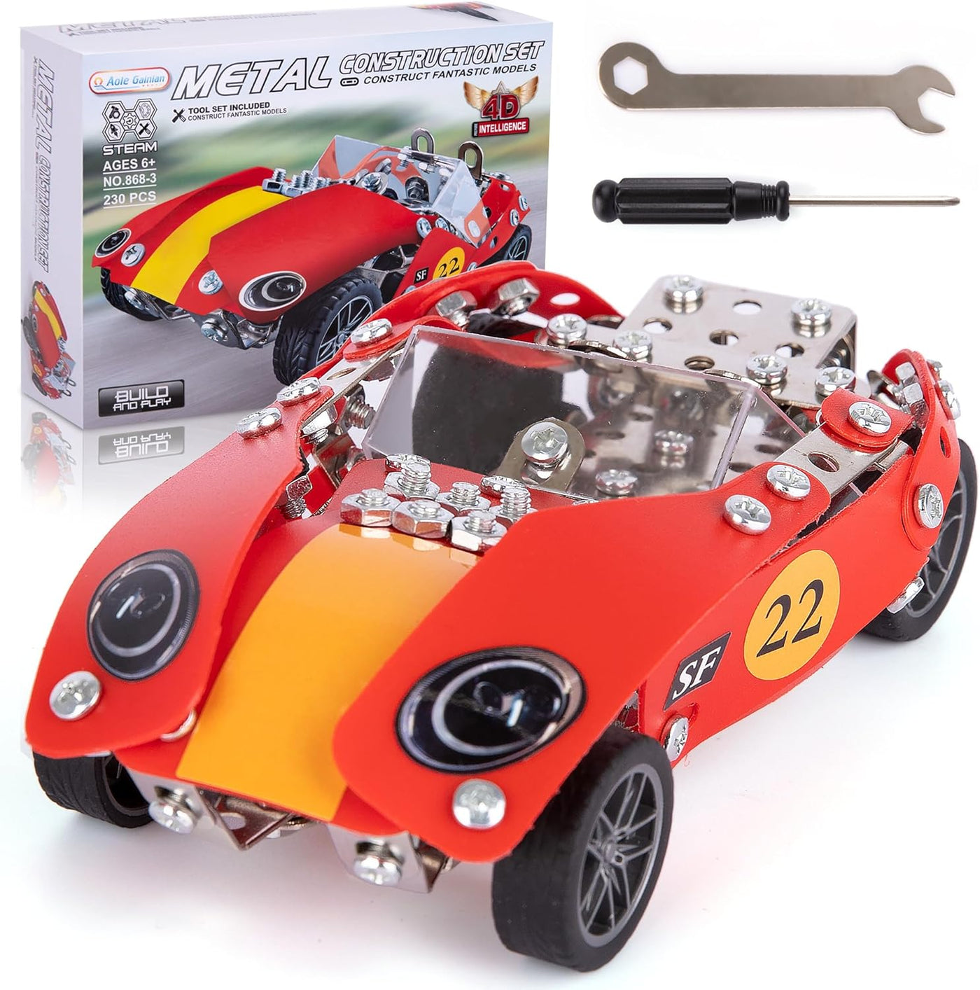 Metal Model Car Building Kit - 230 PC 3D Car Model Kit - STEM Metal Car Building Kit for Boys - Red Vintage Toy Racecar with Moving Wheels