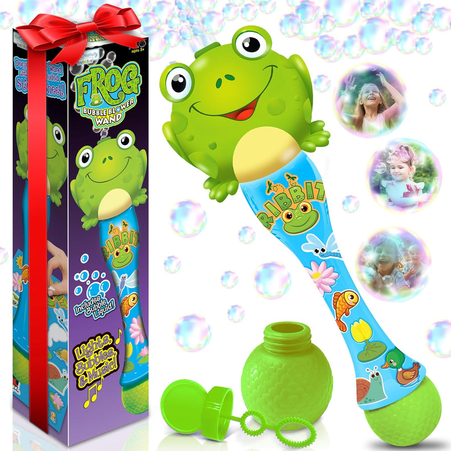 Frog Bubble Wand - Handcrafted Frog Toys with Bubbles Refill Solution, Stickers, Music & Lights - Kids Summer Outdoor Activity