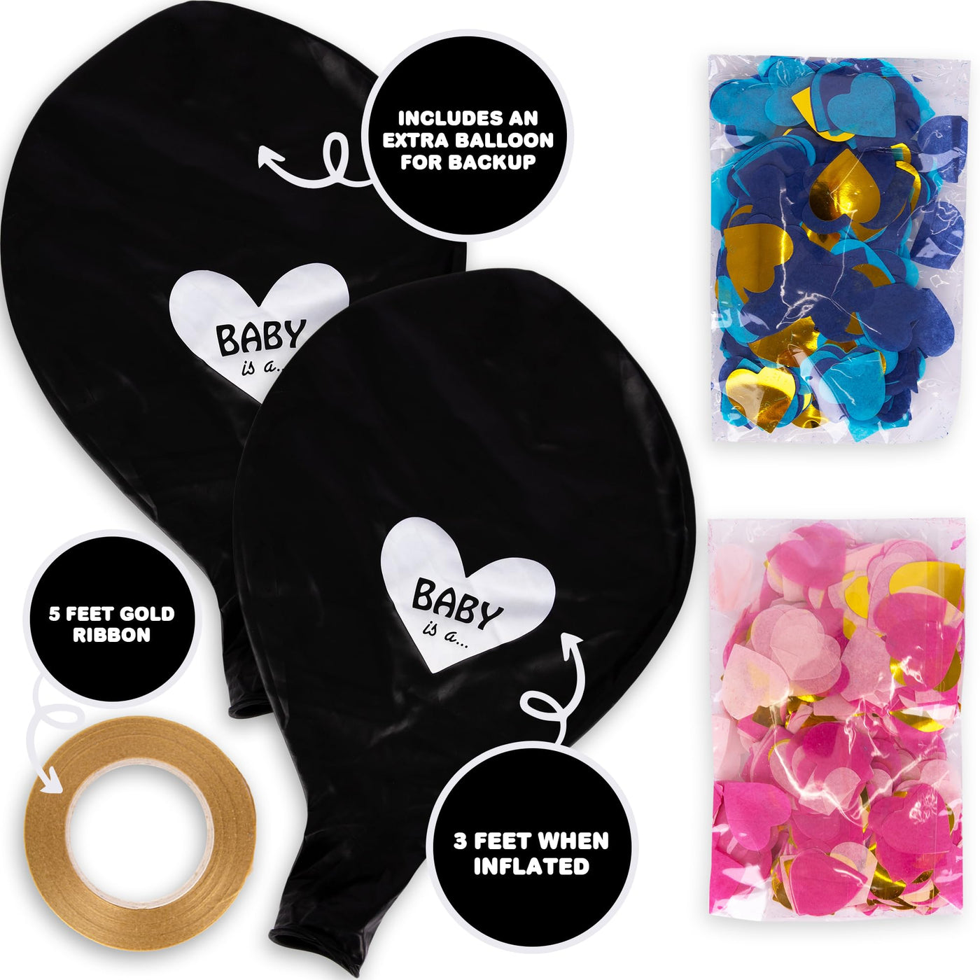Black Gender Reveal Balloon Kit - Includes 2 Jumbo 36" Baby Gender Reveal Balloons, 1 Pack Blue/Gold Confetti, 1 Pack Pink/Gold Confetti, and Gold Tie Ribbon