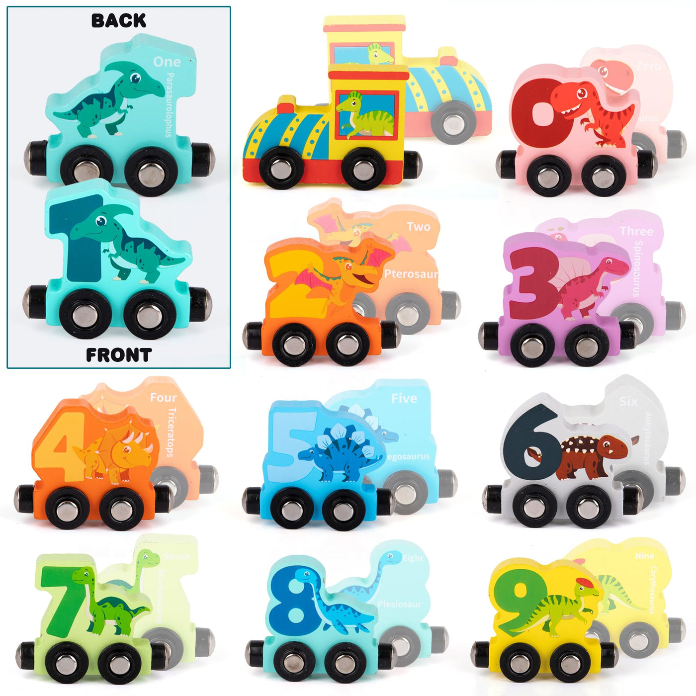 Wooden Dinosaur Train Counting Set - 10 Pieces - Magnetic Dinosaur Train Set with Fun Counting Puzzle