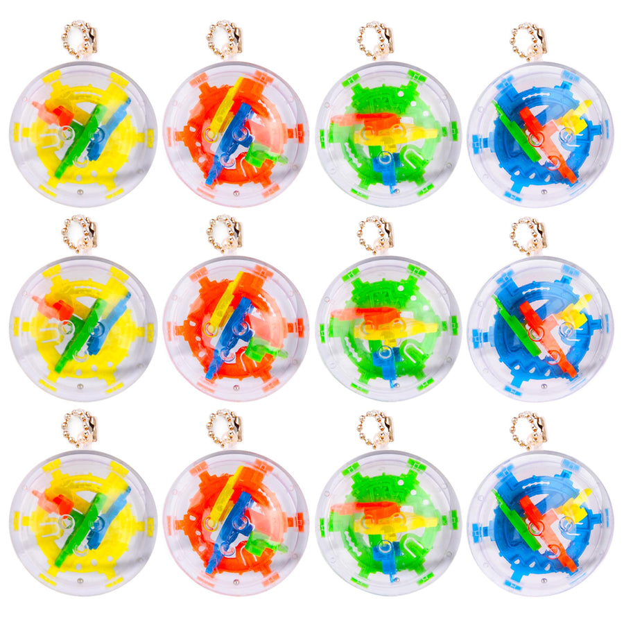 3D Maze Ball Keychains for Kids - Set of 12 Maze Puzzle Brain Teaser Party Favors - Fidget-Friendly Keychain Charms in Colorful Designs