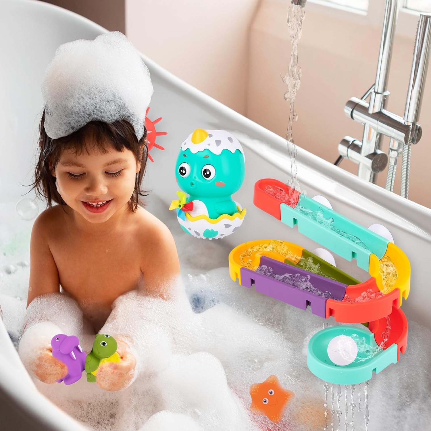 Interactive Bathtub Slide Set - Bath Slide Set with Bathtub Slide, Waterfall, Marble Run, Spinning Pinwheels, and Unique Squirt Toys (Turtle, Walrus, and Starfish) - Stong Suction Cups