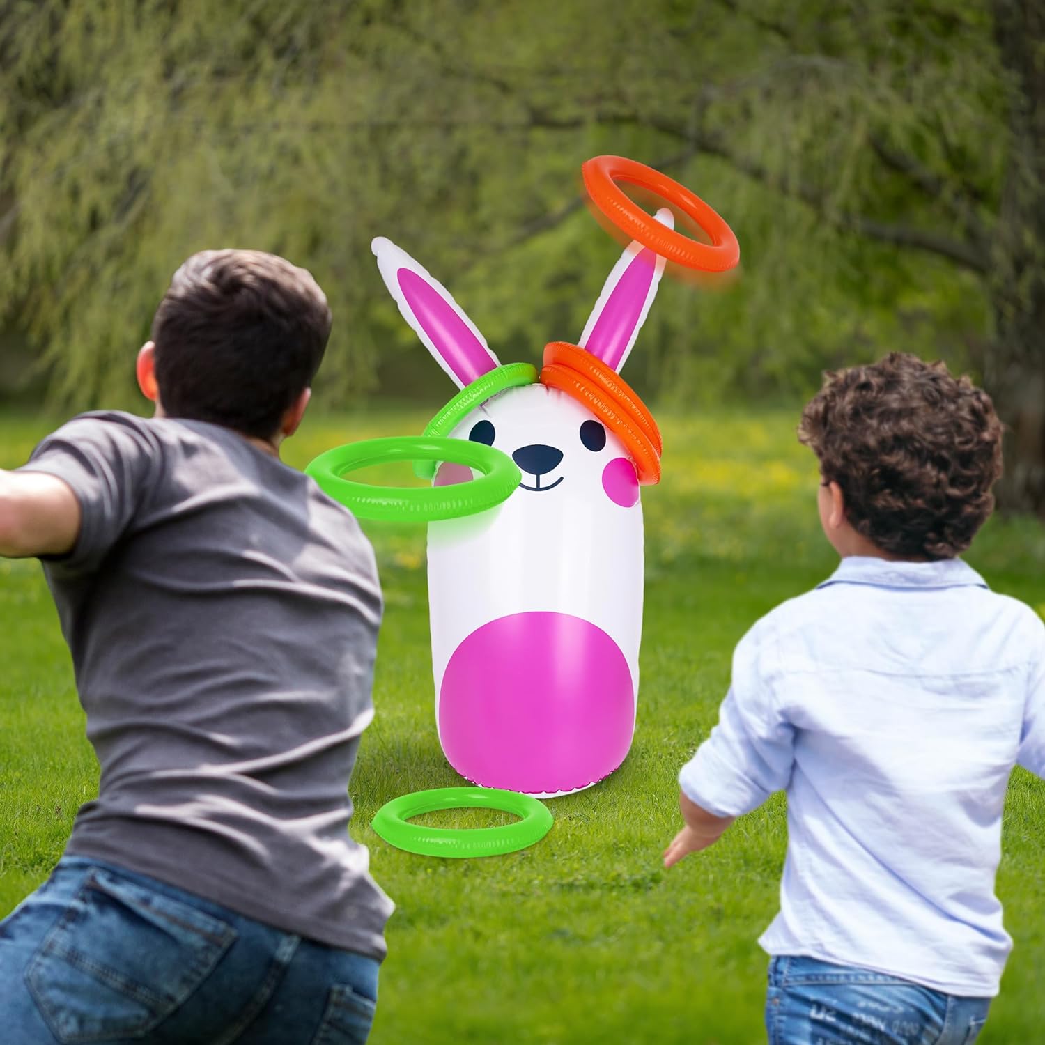 Easter Bunny Inflatable Ring Toss Game - Easter Games for Kids with Inflatable Bunny and 6 Rings
