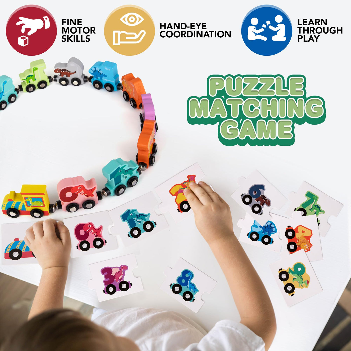 Wooden Dinosaur Train Counting Set - 10 Pieces - Magnetic Dinosaur Train Set with Fun Counting Puzzle