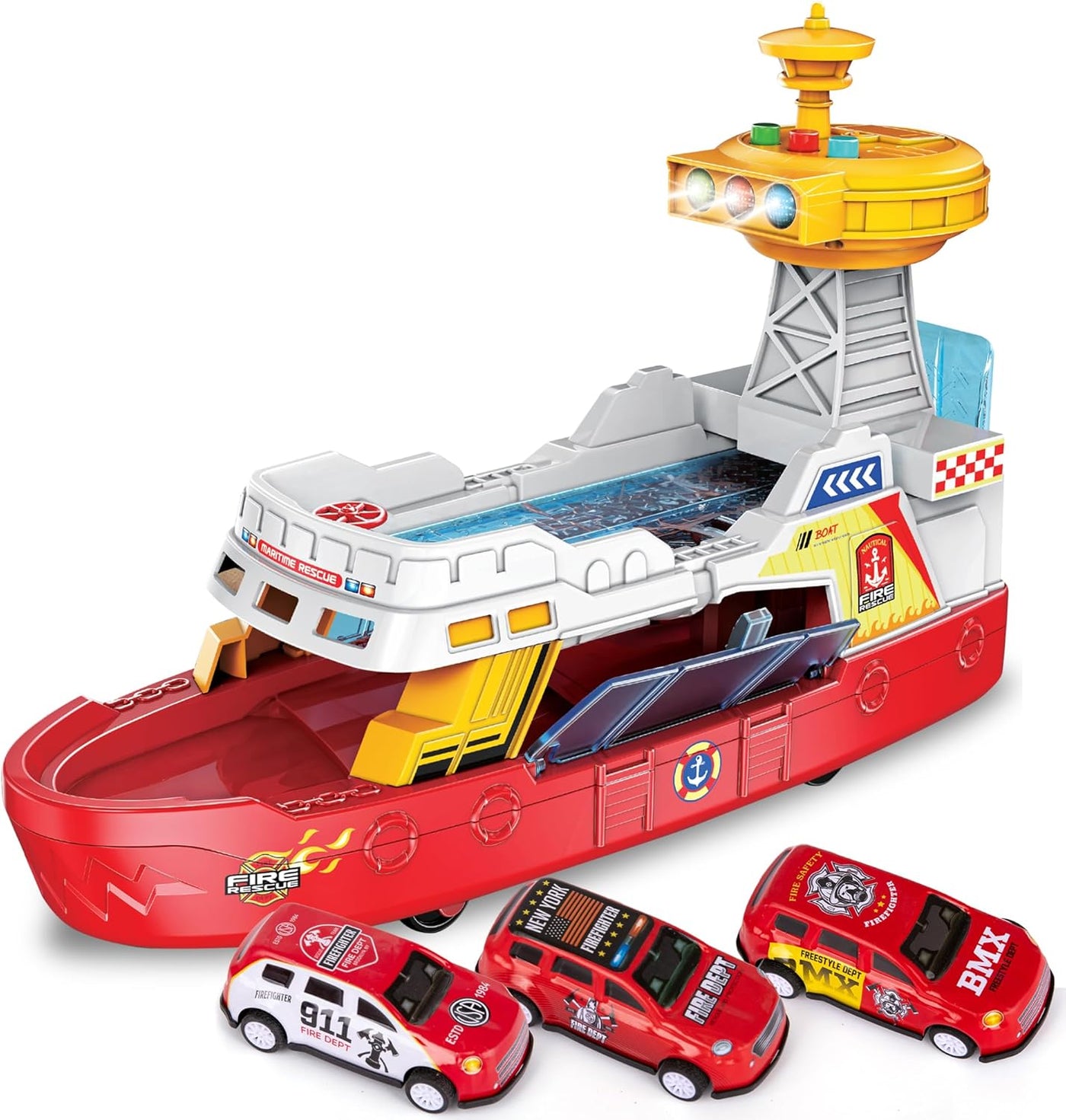 LED Ferry Boat Toy with Sounds - Colorful Coast Guard Toy Boat with Wheels & 3 Alloy Metal Cars