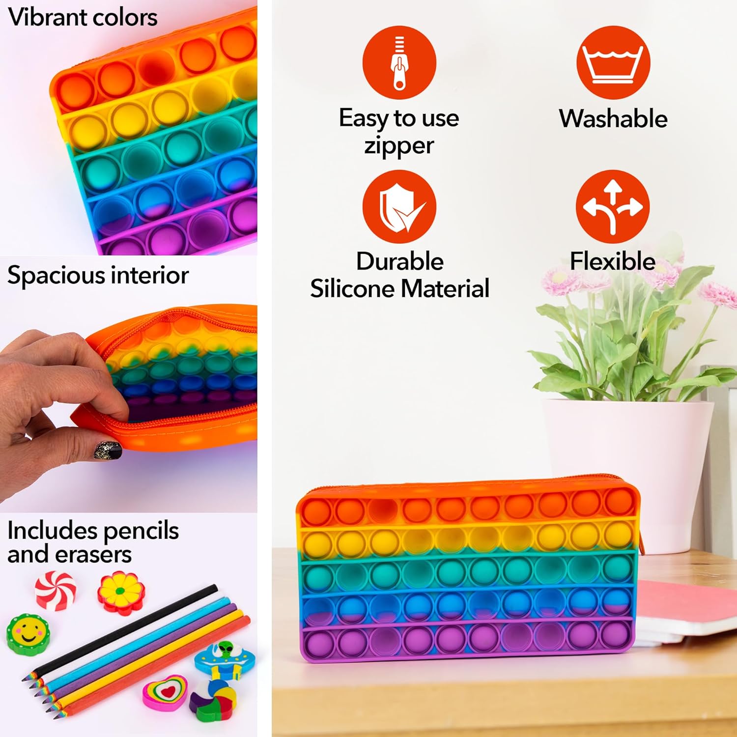 Pop It Pencil Case for Kids - Silicone Pop Up Pencil Case with 6 Colorful Pencils and 6 Erasers for Kids