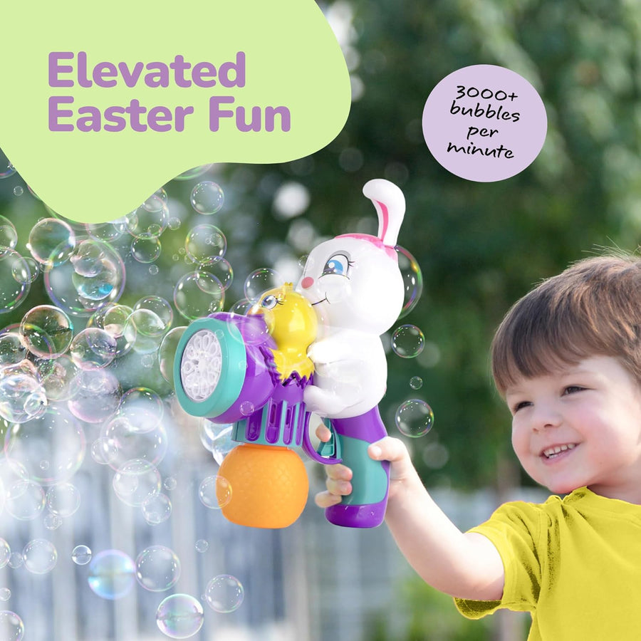 Easter Bunny Bubble Blaster Toy -Summer Outdoor Fun for Toddlers - Custom Cheerful Bunny & Chick Bubble Machine with Refill Solution, Lights & Batteries - Easter Basket Stocking Stuffers