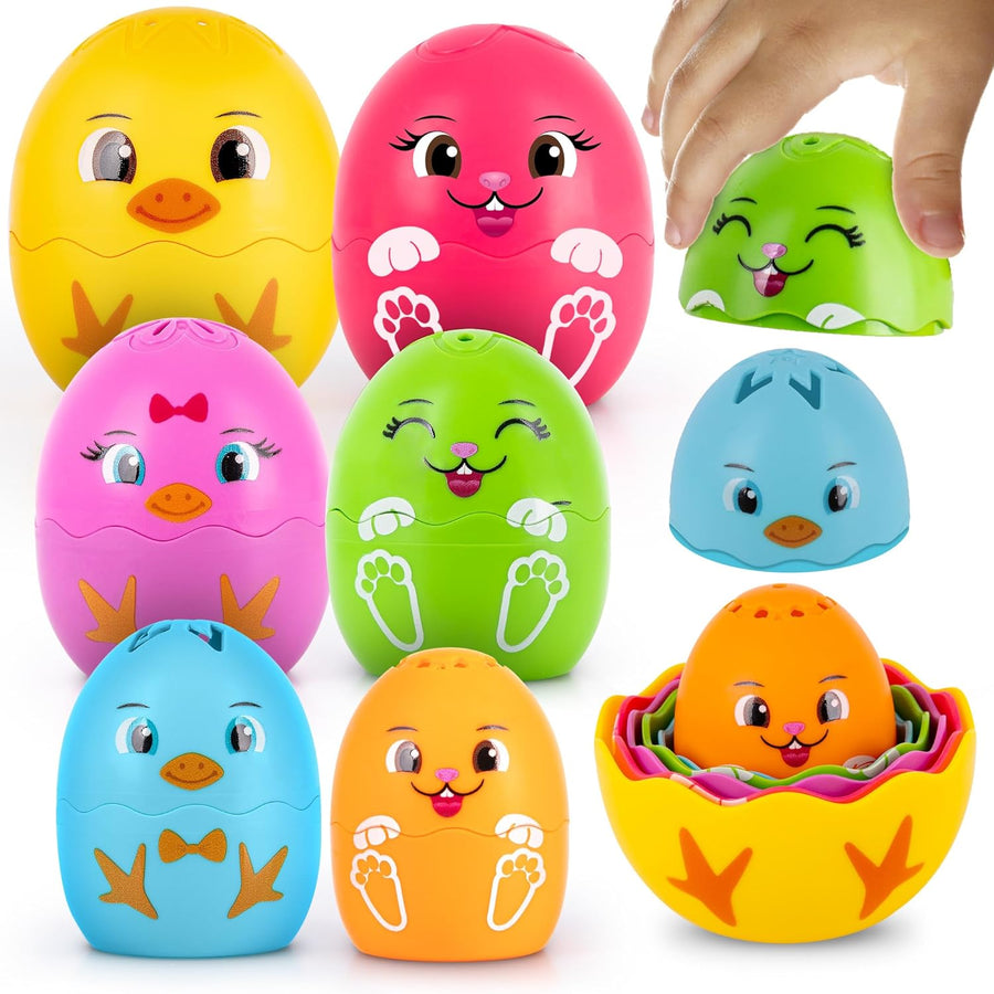 Easter Stacking Egg Bath Toy - Set of 9 - Colorful Baby Stacking Toys for Toddlers Bath Time Fun - Stackable Bunny Eggs Nesting Chicks - Early Learning Bathtub Toys - Baby Shower Toys