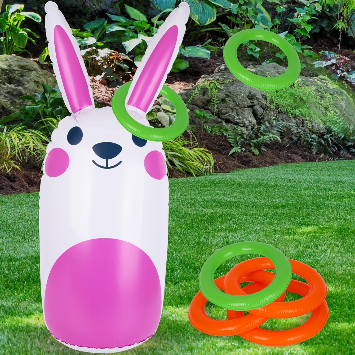 Easter Bunny Inflatable Ring Toss Game - Easter Games for Kids with Inflatable Bunny and 6 Rings