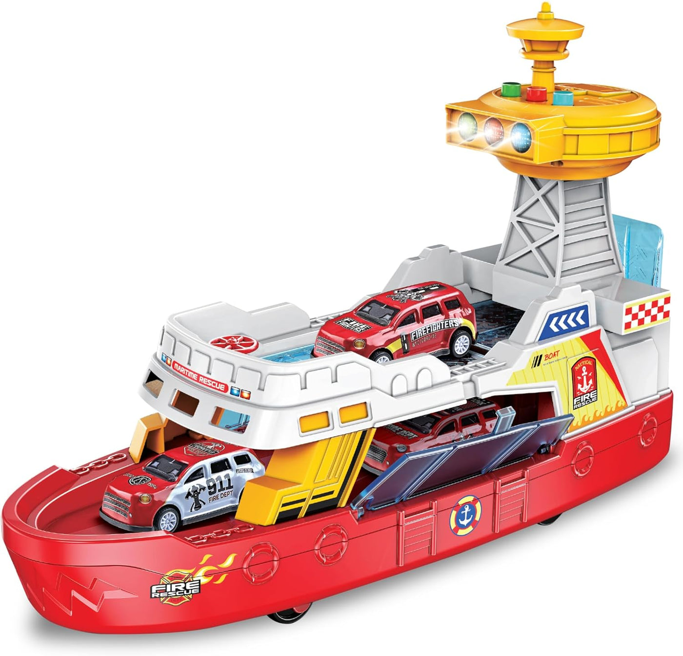 LED Ferry Boat Toy with Sounds - Colorful Coast Guard Toy Boat with Wheels & 3 Alloy Metal Cars