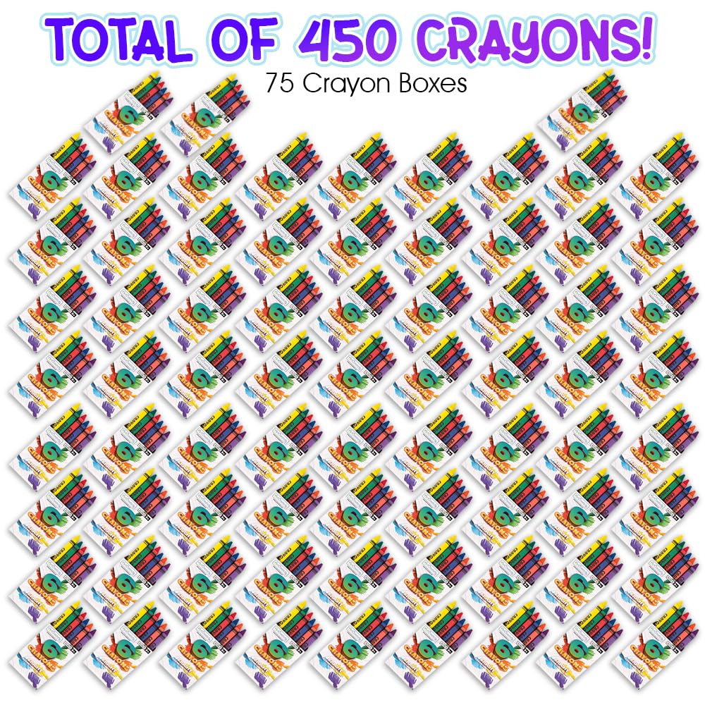 Crayons Bulk Set - 75 Crayon Packs - 6 Crayons in Each Pack - 450 Total - Crayons for Kids in Red, Orange, Yellow, Green, Blue, Purple