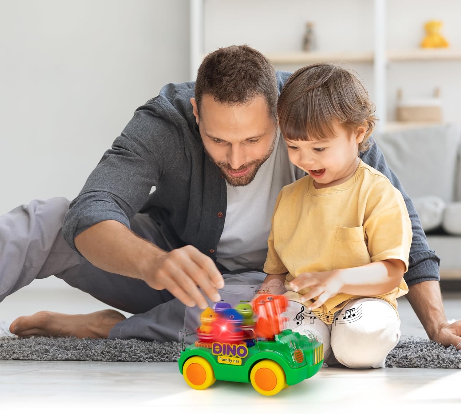 Light Up Dinosaur Car - Bump and Go Toy Car with Moving Gears, Music, Flashing LED's, and Engine Sounds