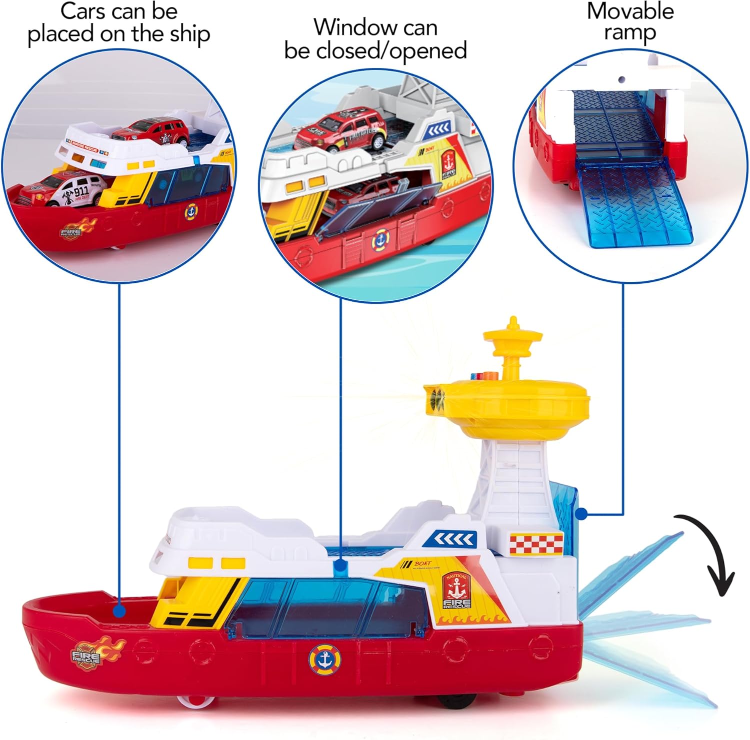 LED Ferry Boat Toy with Sounds - Colorful Coast Guard Toy Boat with Wheels & 3 Alloy Metal Cars