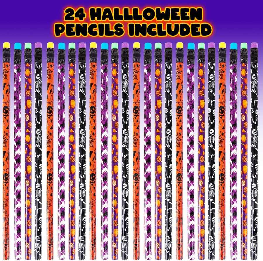 Halloween Pencils for Kids - Set of 24 Halloween Pencils - Wooden Eraser-Topped Pencils in 4 Spooky Designs - Halloween Party Favors for Kids - Non-Candy Trick or Treat Handouts - Goodie Bag Stuffers