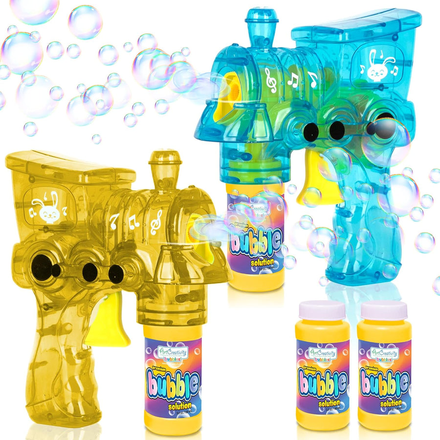 LED Bubble Gun Trains for Kids, 2 Pack Light Up Bubble Gun Blasters and 4 Bottles of Bubble Fluid