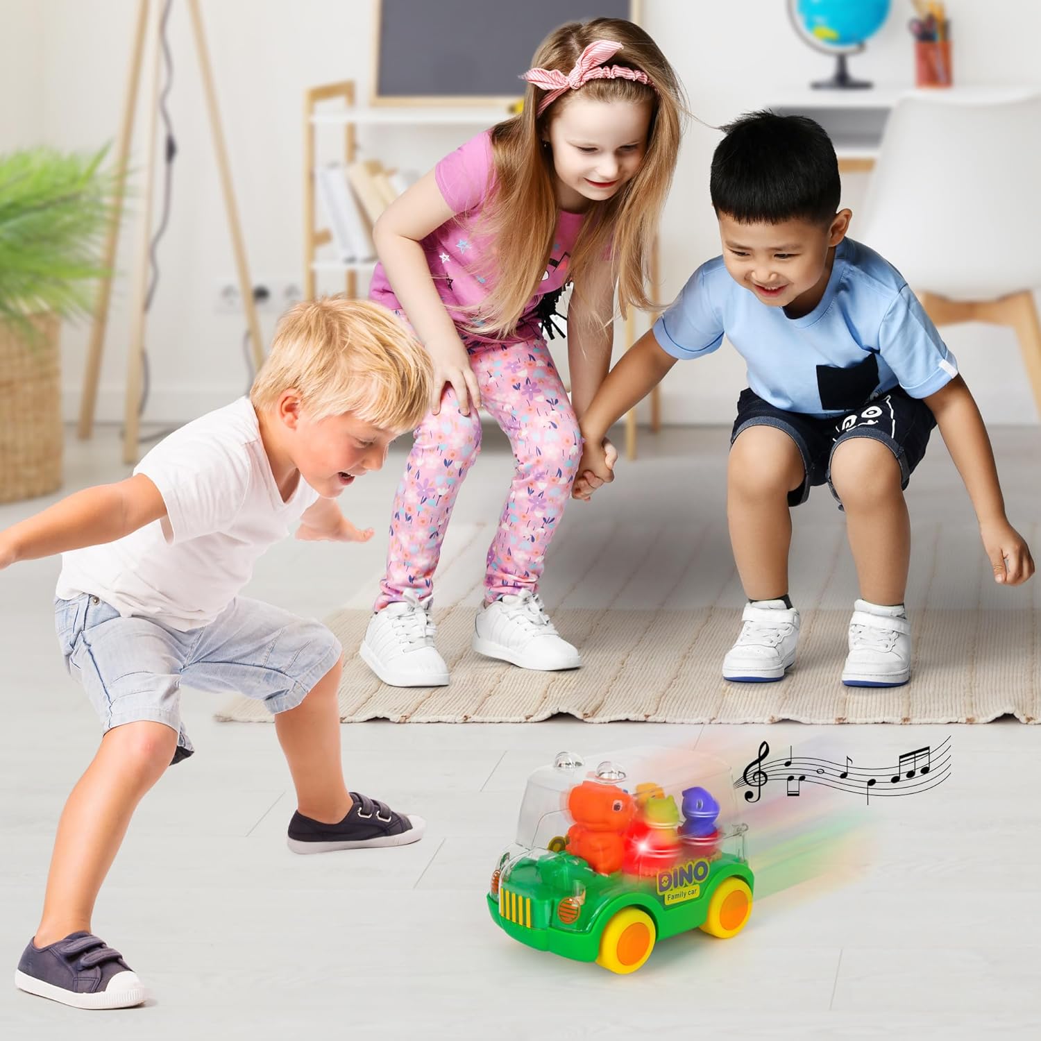 Light Up Dinosaur Car - Bump and Go Toy Car with Moving Gears, Music, Flashing LED's, and Engine Sounds