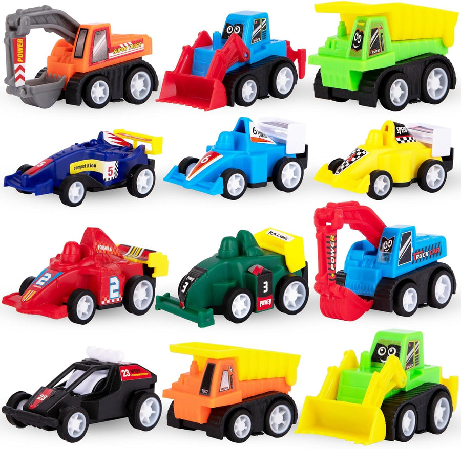 Mini Pull Back Vehicles (Bulk) - Set of 12 Mini Car and Contruction Trucks - Pull Back Car Toys for Kids with Construction Vehicles and Race Cars
