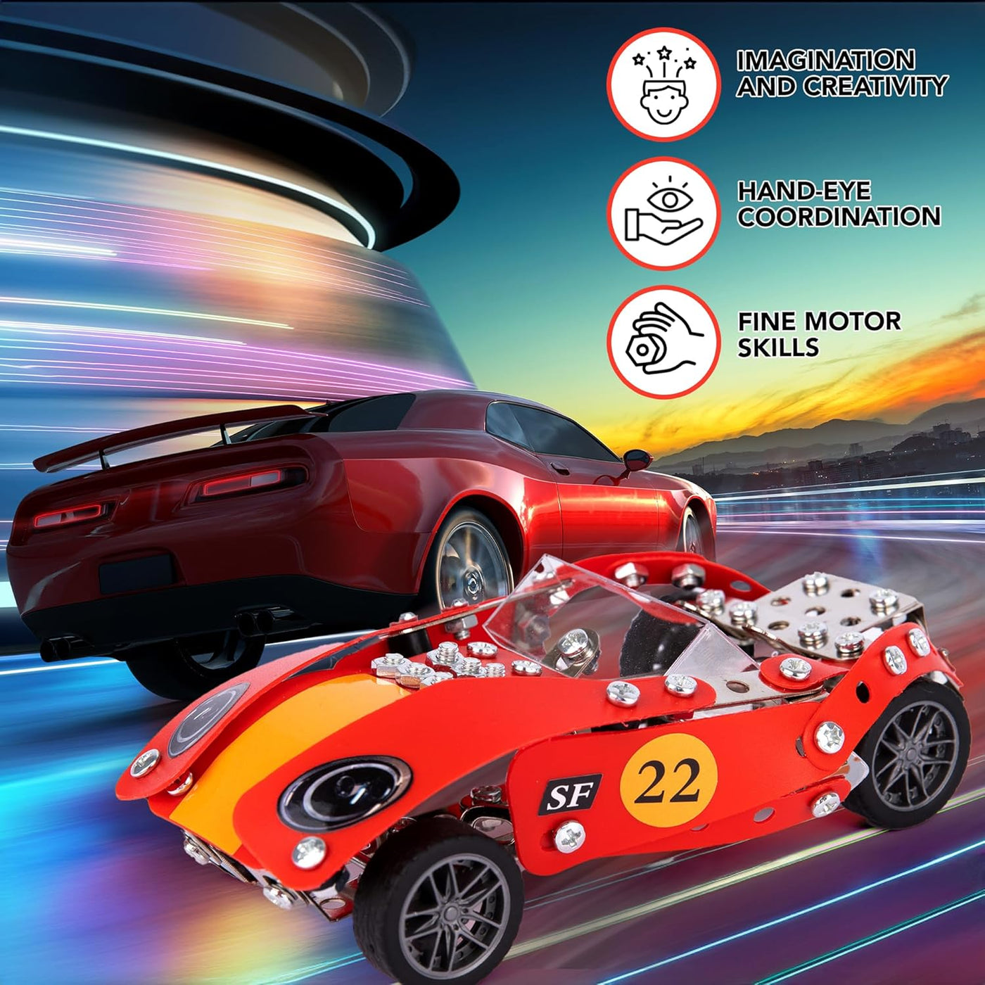 Metal Model Car Building Kit - 230 PC 3D Car Model Kit - STEM Metal Car Building Kit for Boys - Red Vintage Toy Racecar with Moving Wheels