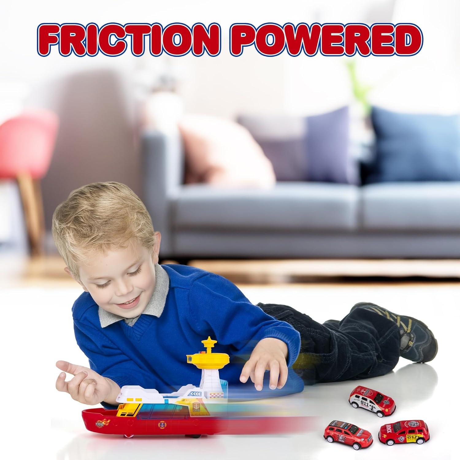 LED Ferry Boat Toy with Sounds - Colorful Coast Guard Toy Boat with Wheels & 3 Alloy Metal Cars