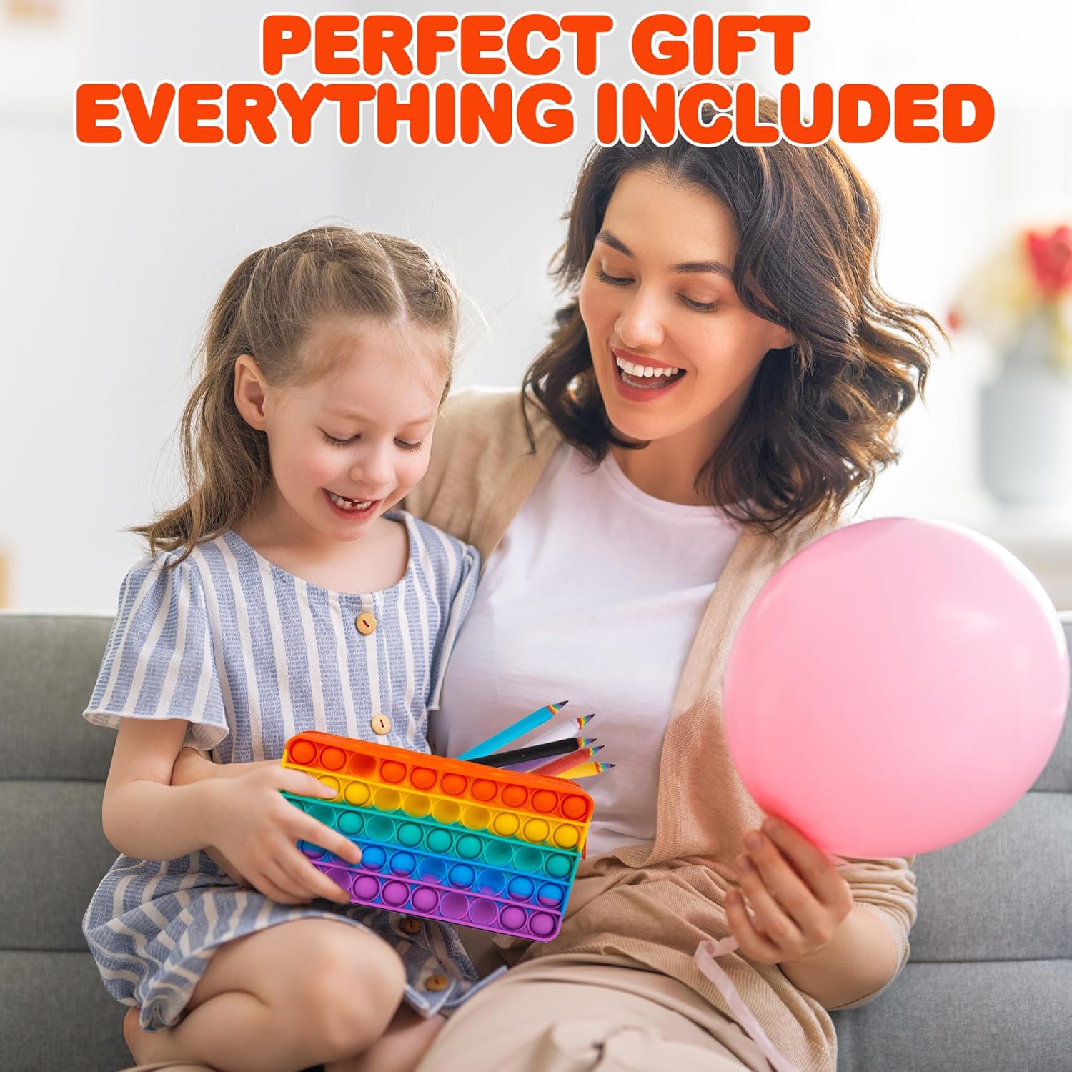Pop It Pencil Case for Kids - Silicone Pop Up Pencil Case with 6 Colorful Pencils and 6 Erasers for Kids