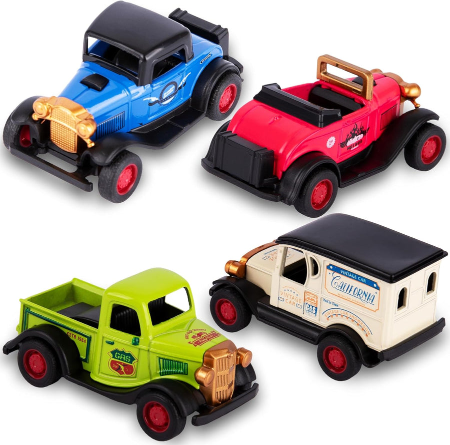 Diecast Pull Back Cars - Set of 4 Toy Cars - Pull Back Metal Hotrods with Real Rubber Wheels for Better Traction