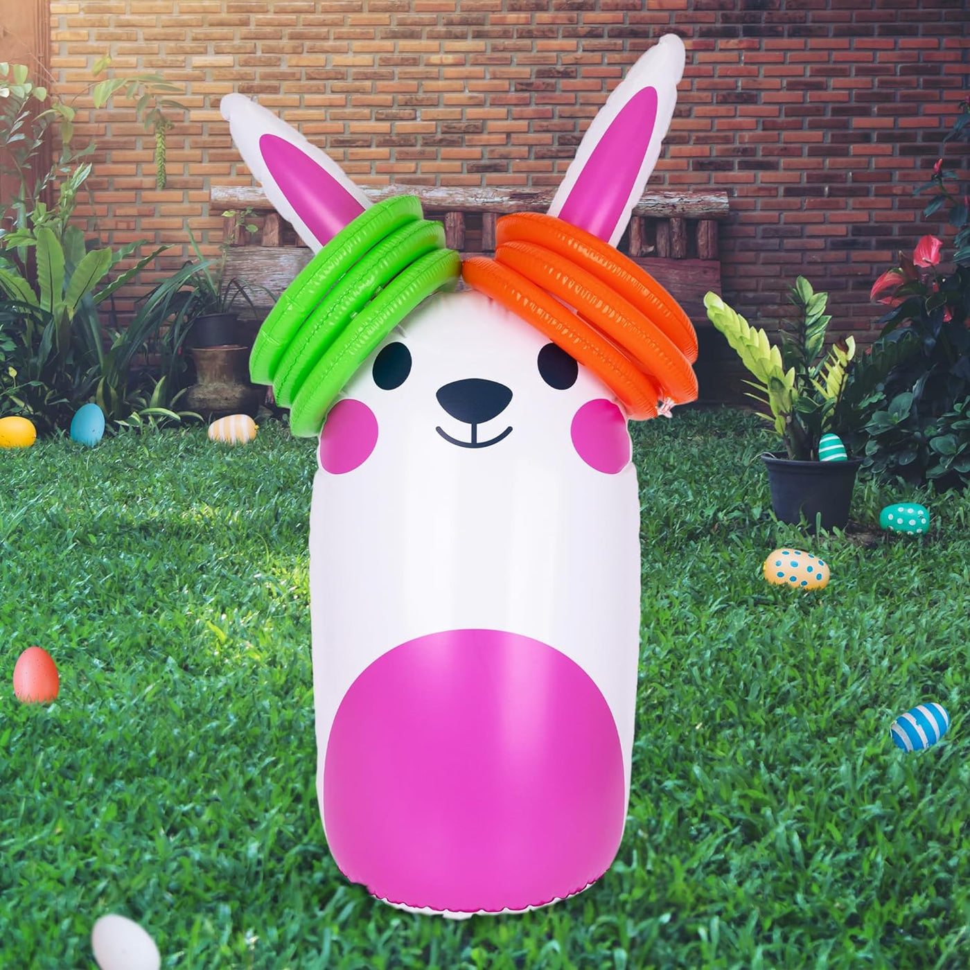 Easter Bunny Inflatable Ring Toss Game - Easter Games for Kids with Inflatable Bunny and 6 Rings
