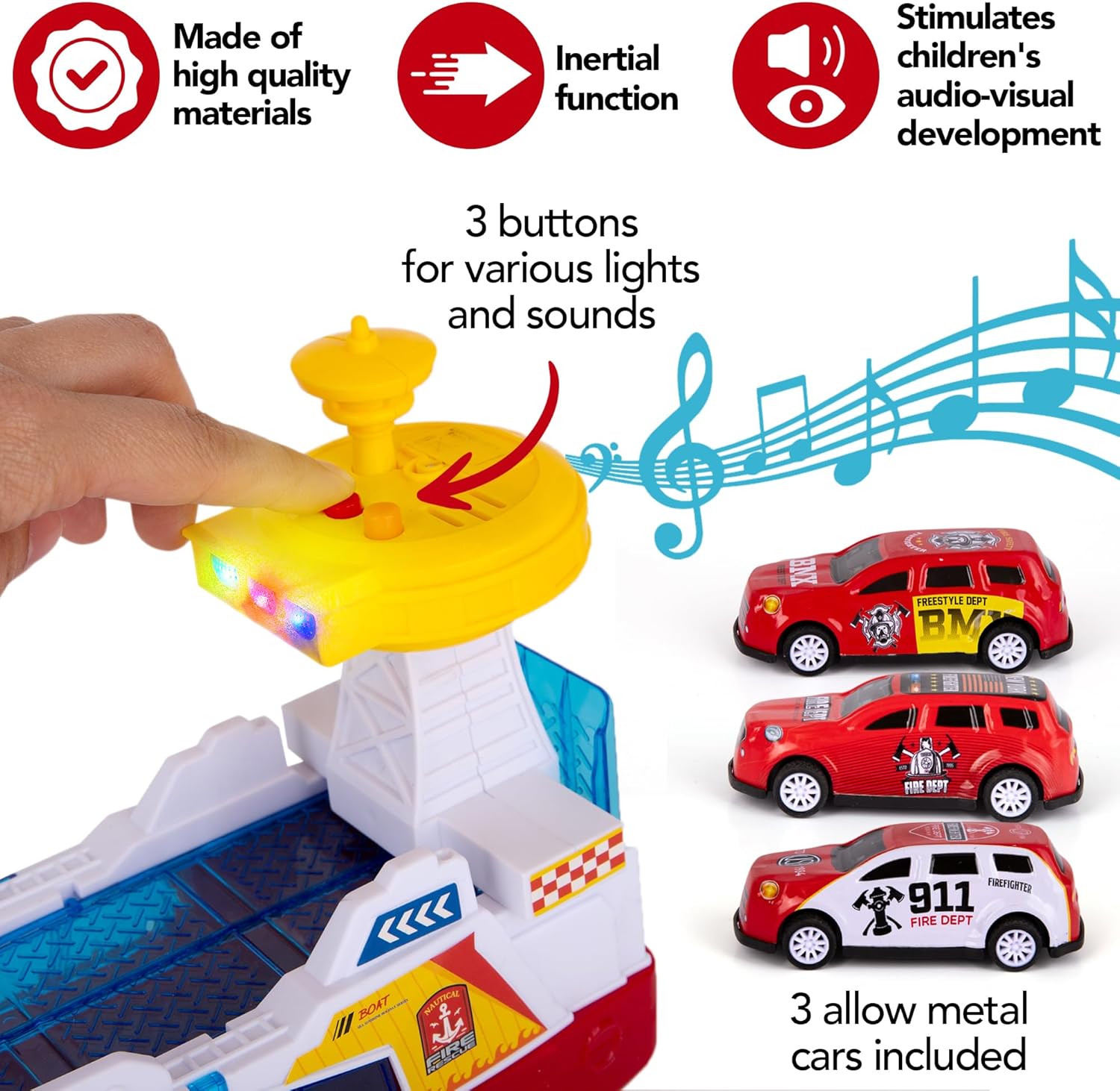 LED Ferry Boat Toy with Sounds - Colorful Coast Guard Toy Boat with Wheels & 3 Alloy Metal Cars