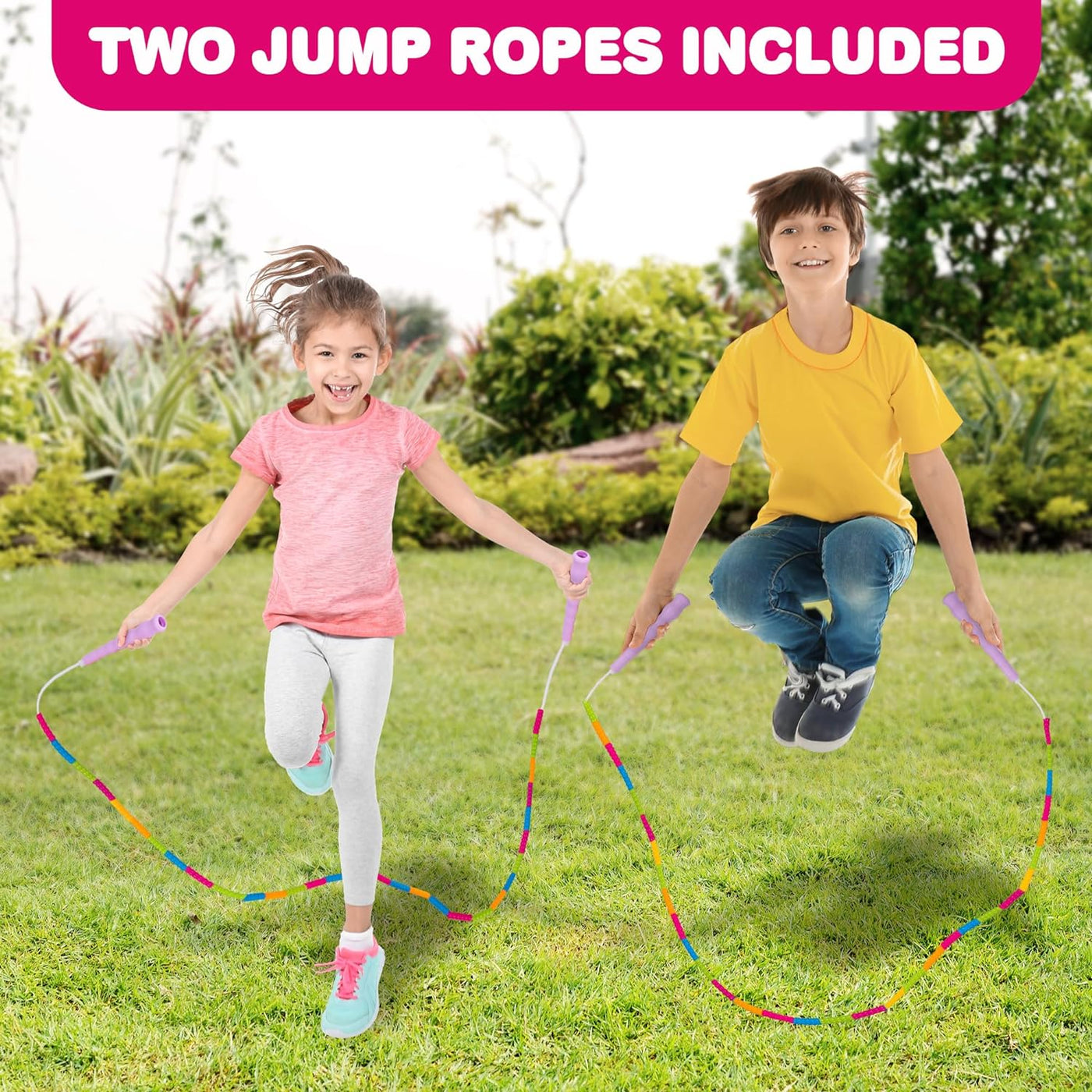 Beaded Jump Rope for Kids - Pack of 2 Kids' Jump Ropes - Skipping Rope for Kids with Bright Pink Handles and Multi-Colored Beads