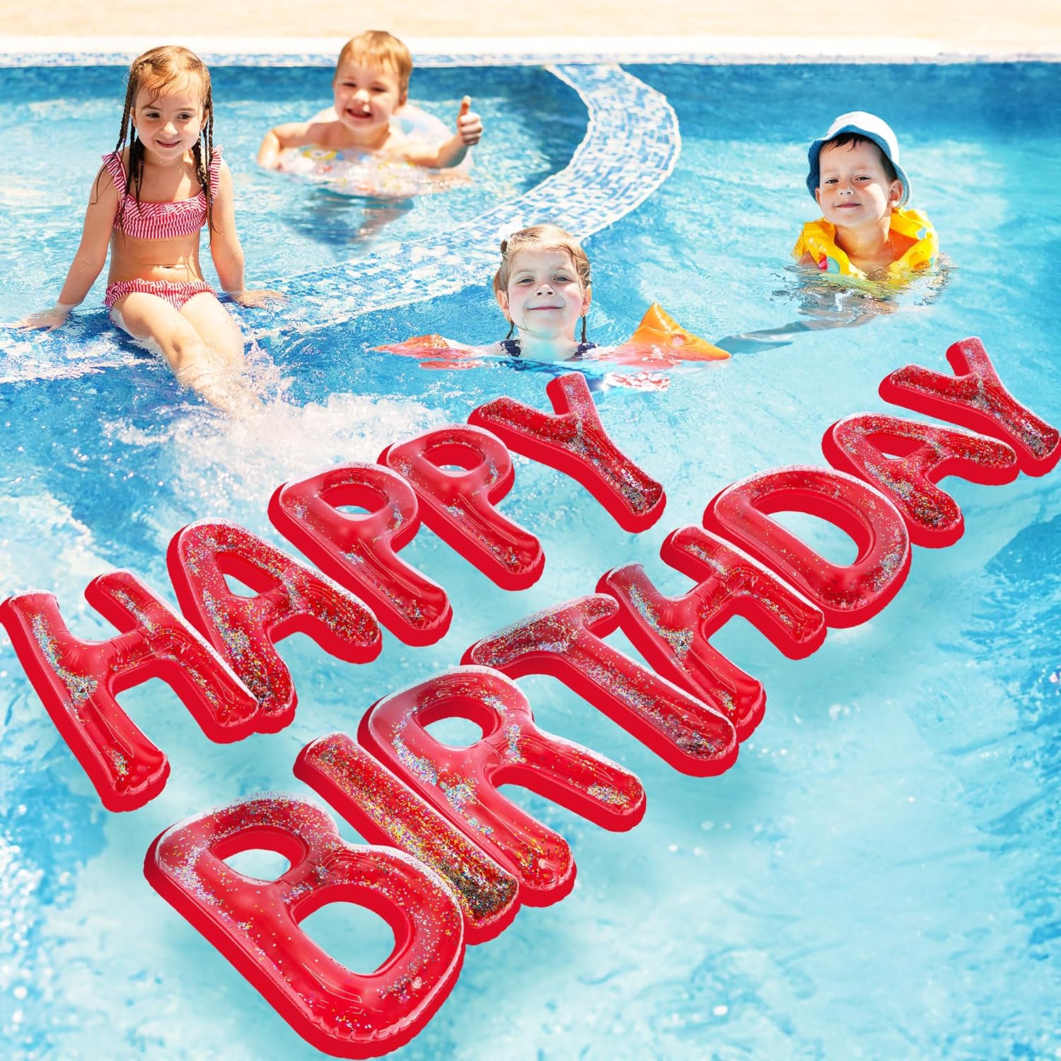 Happy Birthday Pool Party Decorations - Red Happy Birthday Pool Float with Confetti Inside - Large 20 Inch Floating Pool Letters with Velcro Ties