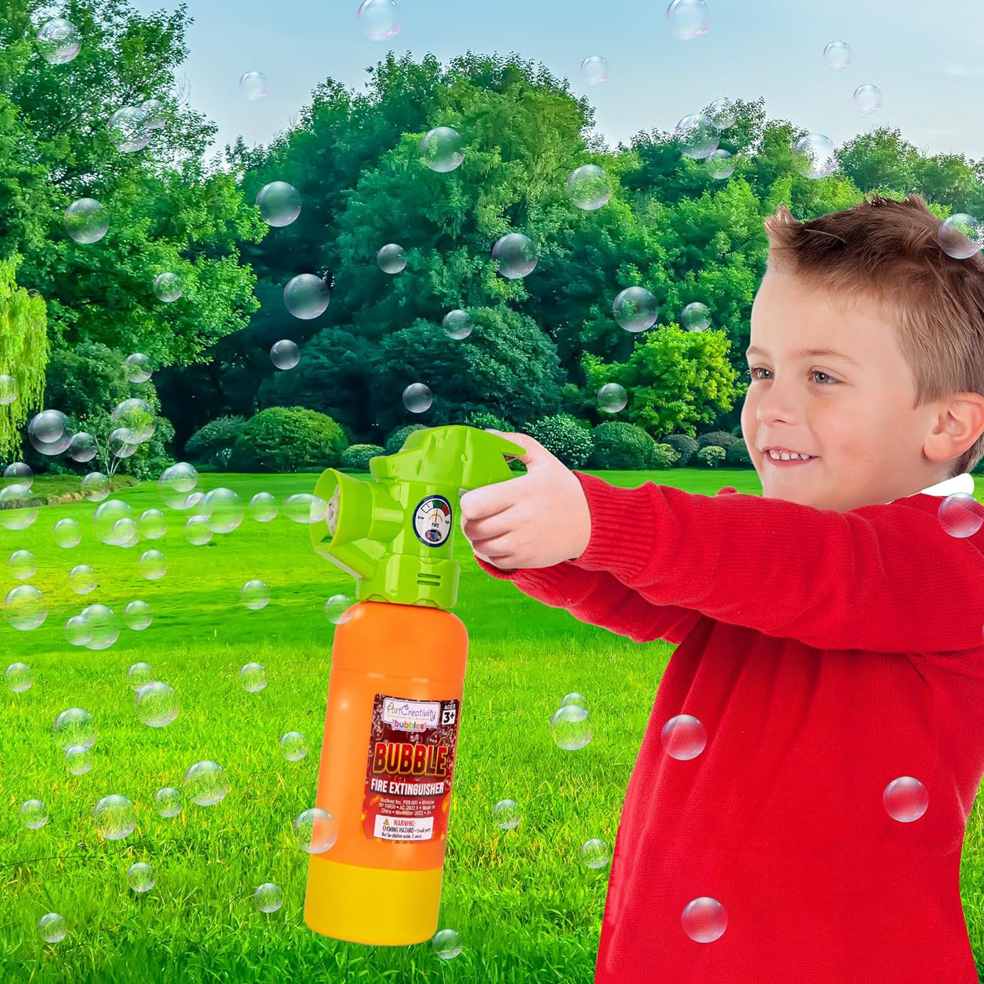 Fire Extinguisher Bubble Machine for Kids - Bubble Blowing Firefighter Toy with Bubble Solution Included