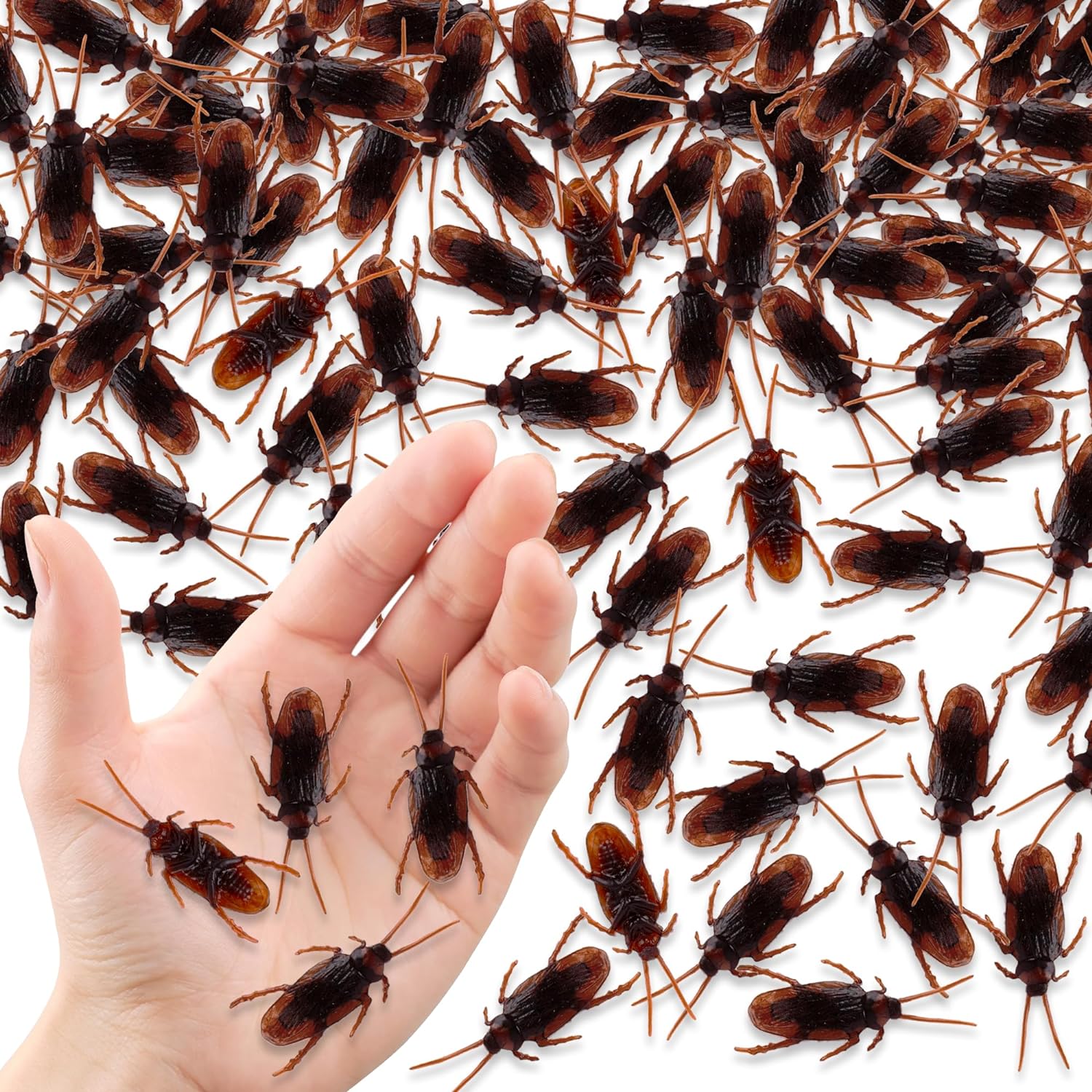 Fake Cockroach Toy Set - Pack of 100 - Prank Plastic Cockroaches with Bendable Legs and Antennae