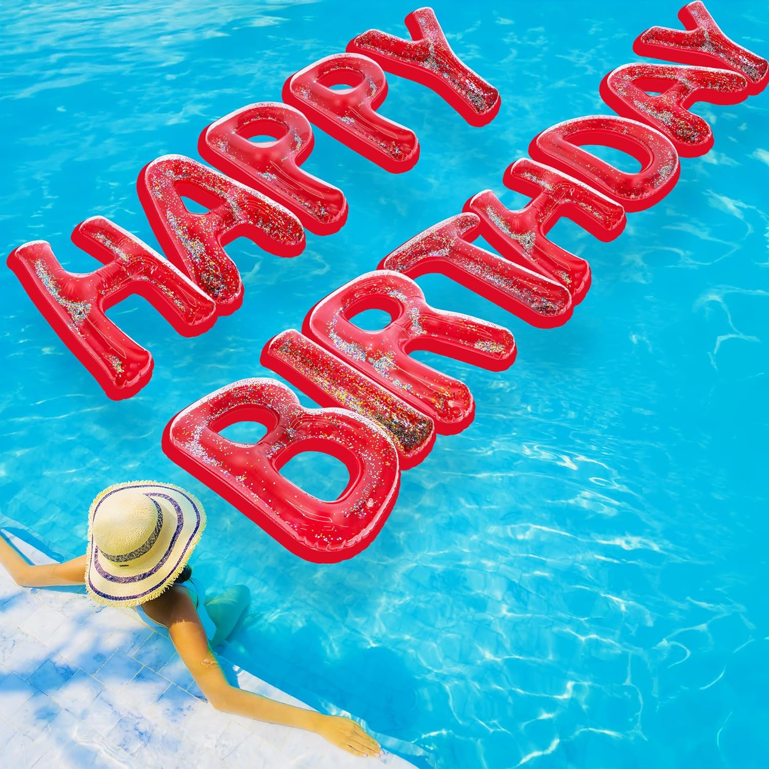 Happy Birthday Pool Party Decorations - Red Happy Birthday Pool Float with Confetti Inside - Large 20 Inch Floating Pool Letters with Velcro Ties