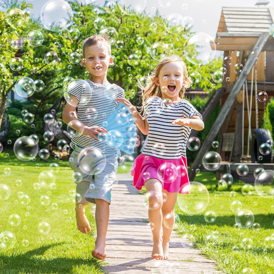 Toy Fan Bubble Wand for Kids - Folding Toy Fan Bubble Wand with Cup, Extra Wand, and 2 Bags of Bubble Fluid
