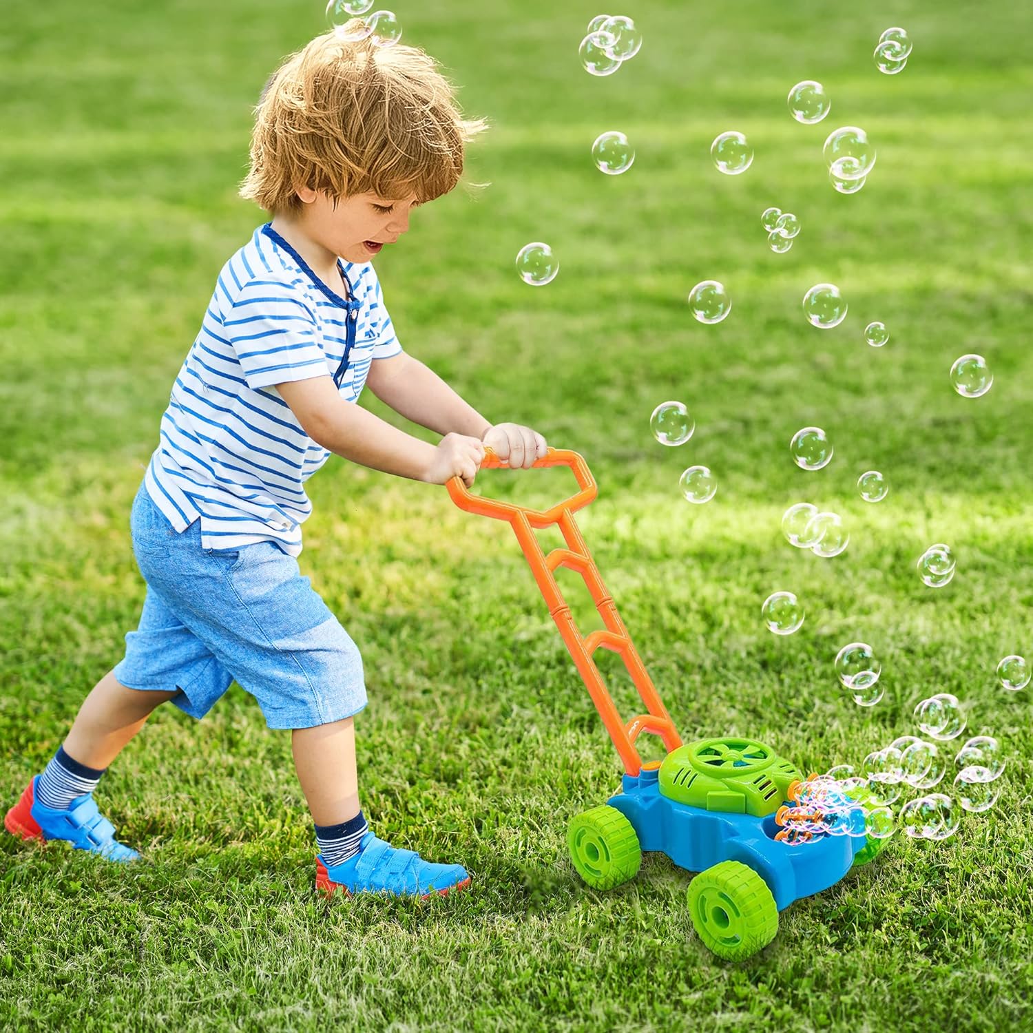 Bubble Lawn Mower for Kids, Electronic Outdoor Push Bubble Blower with Refills