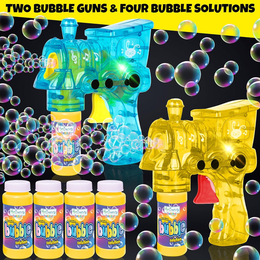 LED Bubble Gun Trains for Kids, 2 Pack Light Up Bubble Gun Blasters and 4 Bottles of Bubble Fluid
