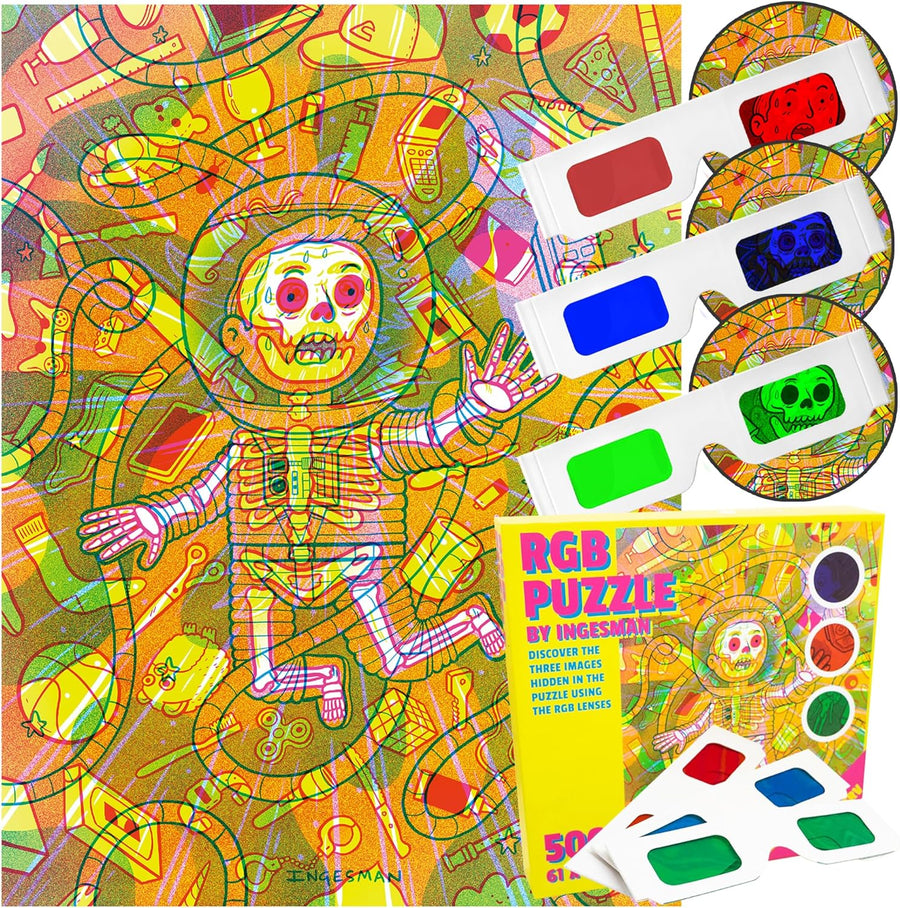 500 Piece Space Puzzle with 3 Different Images - 500 PC Space Puzzle for Kids with 3 Red, Blue, and Green Image Altering Glasses