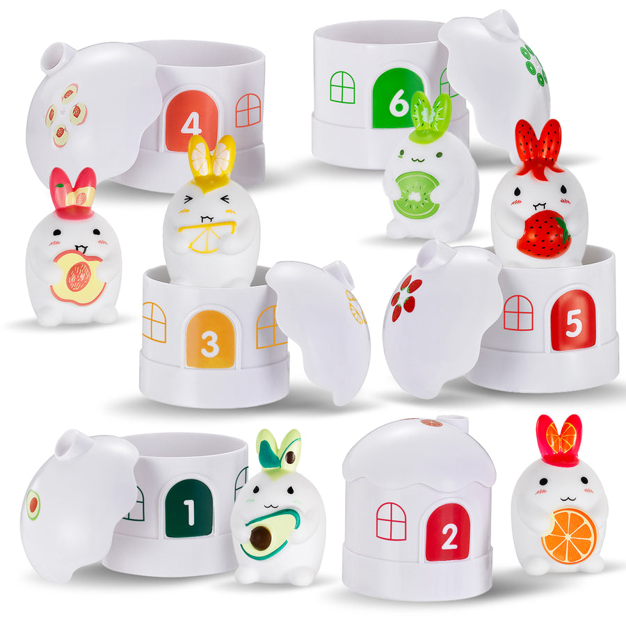 Fruit & Bunny Matching Set - 12 Pcs - Rabbit Animal Counters & Color Sorting Toys - Montessori Counting Activity
