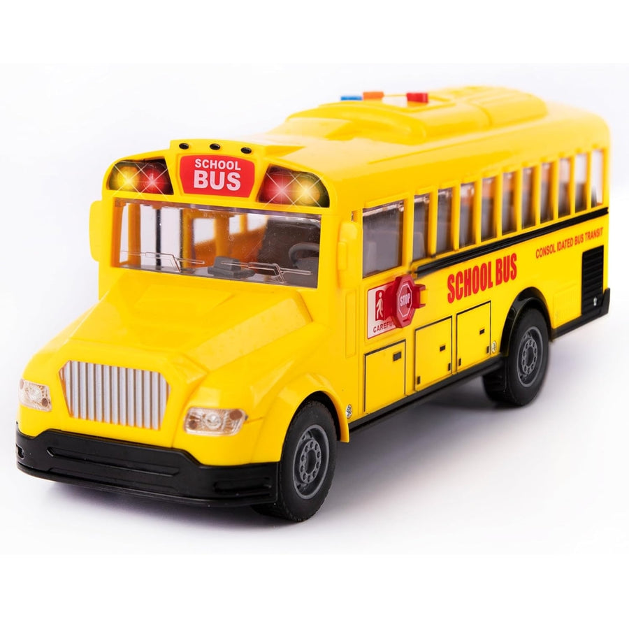 Yellow School Bus with Flashing Lights & Sound, Friction Powered 11" Toy School Bus