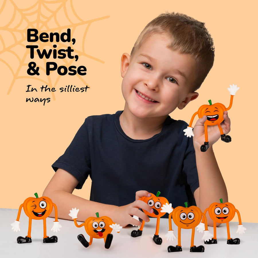Halloween Pumpkin Bendable Toys - 12 Pack - 3.75 Inch Figures with Bendable Limbs