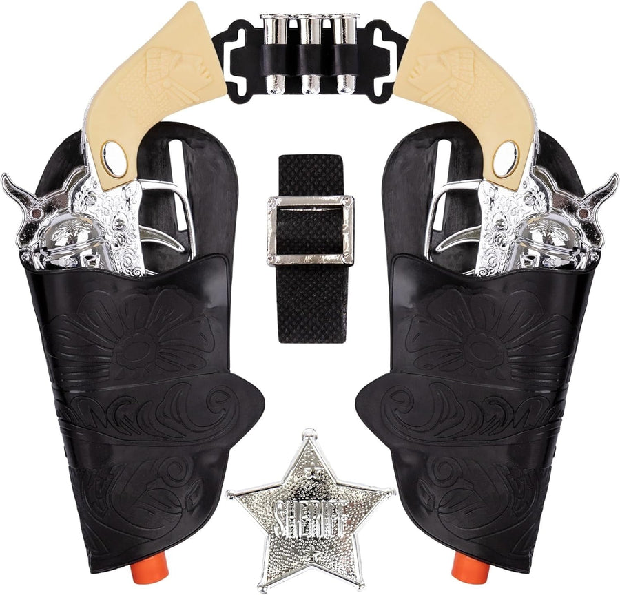 Old Western Action Belt Set for Kids with 2 Toy Pistols, Sheriff Badge, Gun Holsters, and 3 Play Bullets, Adjustable Cowboy Belt Dress-Up Accessories for Woody, Sheriff, Cowboy Costume
