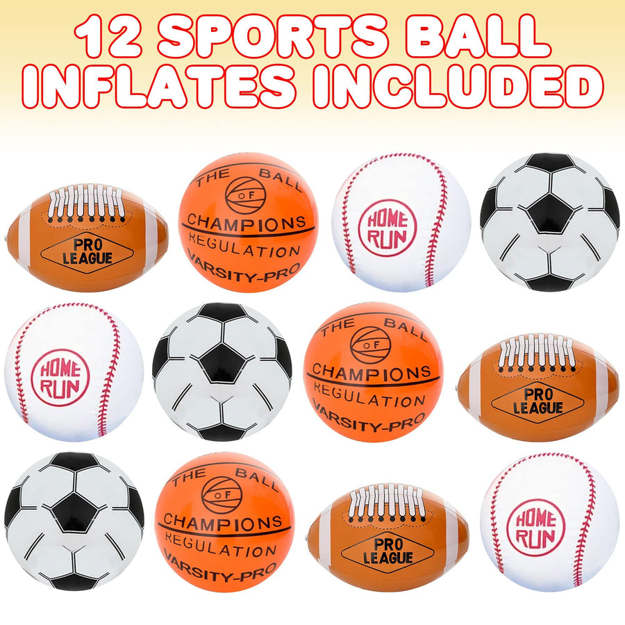 Sports Beach Balls – Set of 12 Inflatable Football, Soccer, Baseball & Basketball Balls