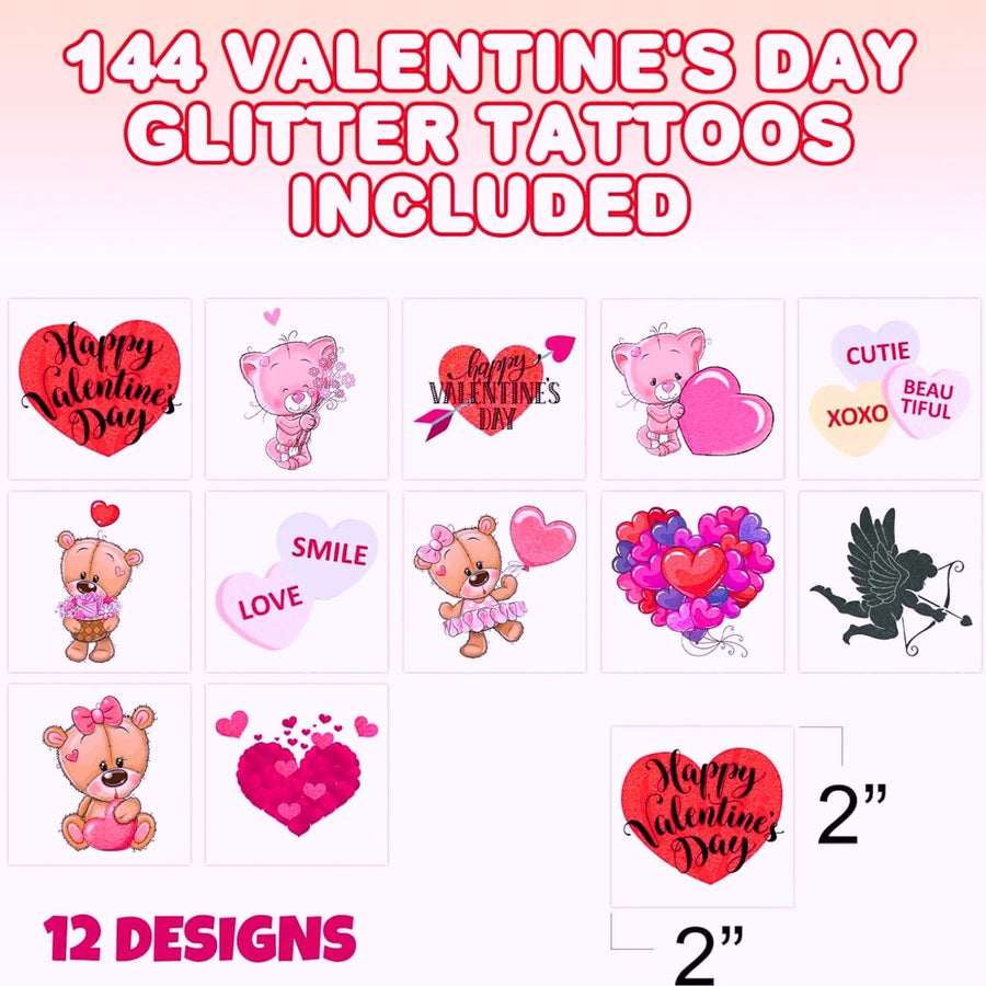 Valentines Glitter Tattoos for Kids, Temporary Tattoos in 12 Cute Designs, 144 Pack